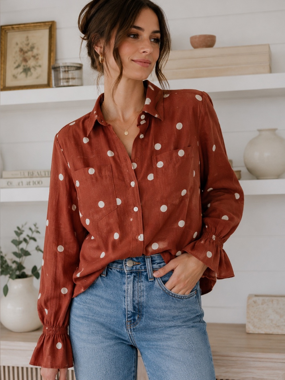 Lauren Conrad Rust Brown Polka Dot Button Down Blouse Parisian Old Money Fall XS